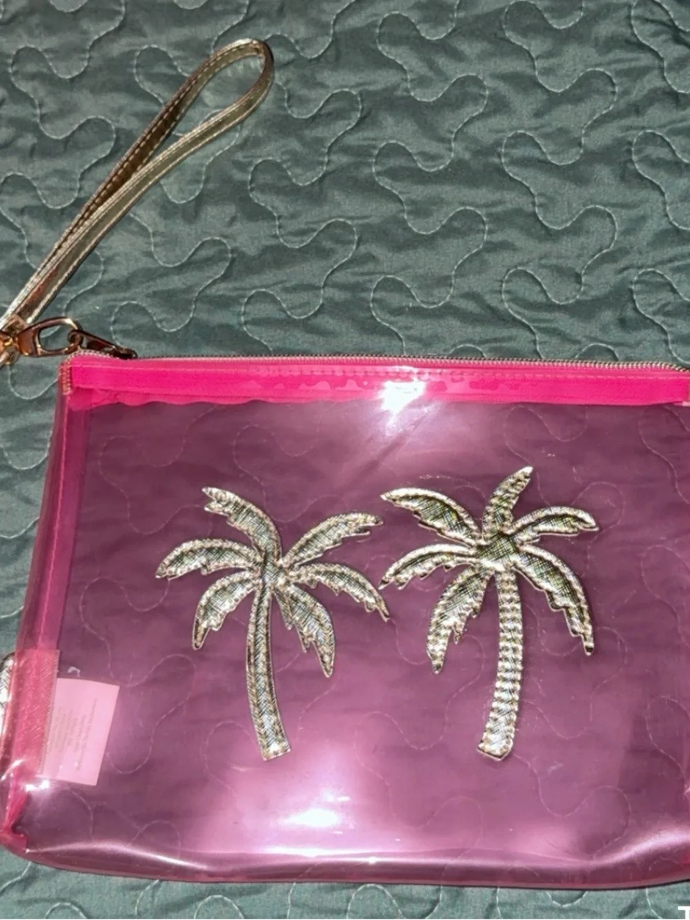 Lilly Pulitzer Pink Clear Wristlet Clutch with Gold Palm Tree Appliqués